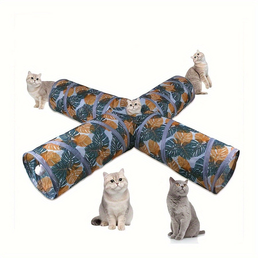 Foldable Polyester Cat Tunnel with Leaf Print, Interactive and Durable Pet Toy