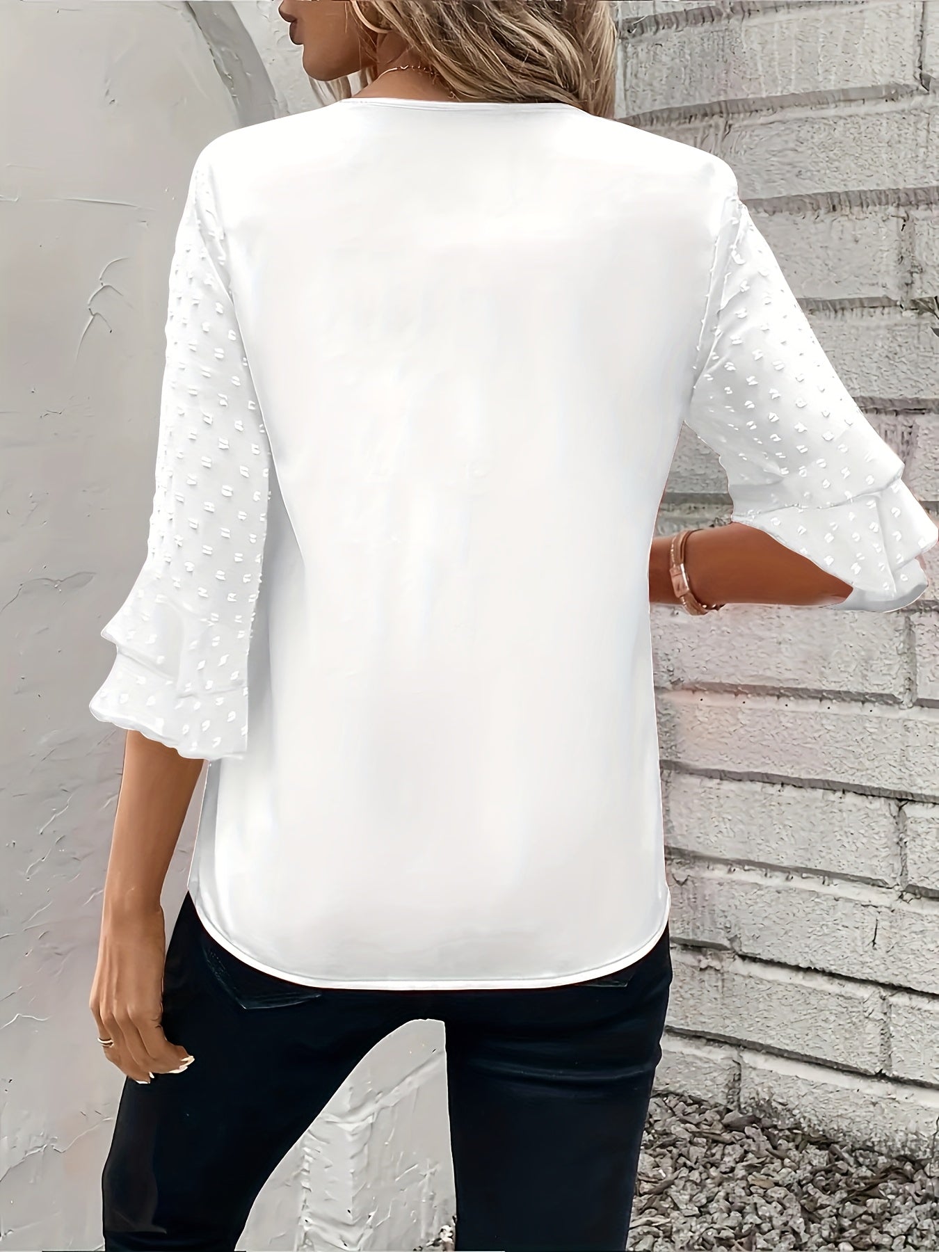 Plus Size Women's V-Neck Blouse with Ruffle Sleeves Solid Color Lightweight Polyester