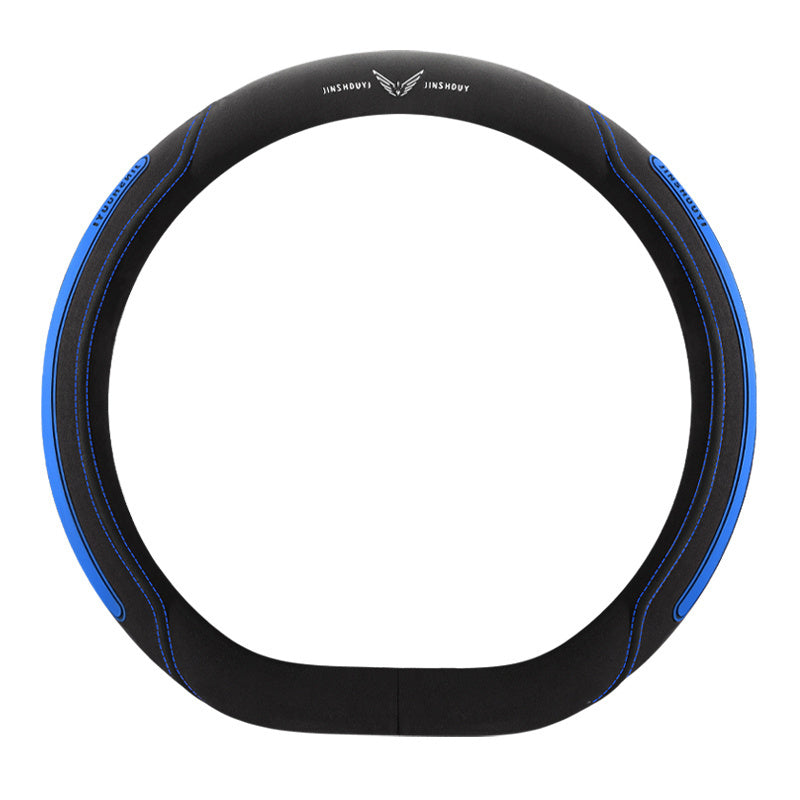 Universal Leather Steering Wheel Cover Black with Blue Accents for Cars