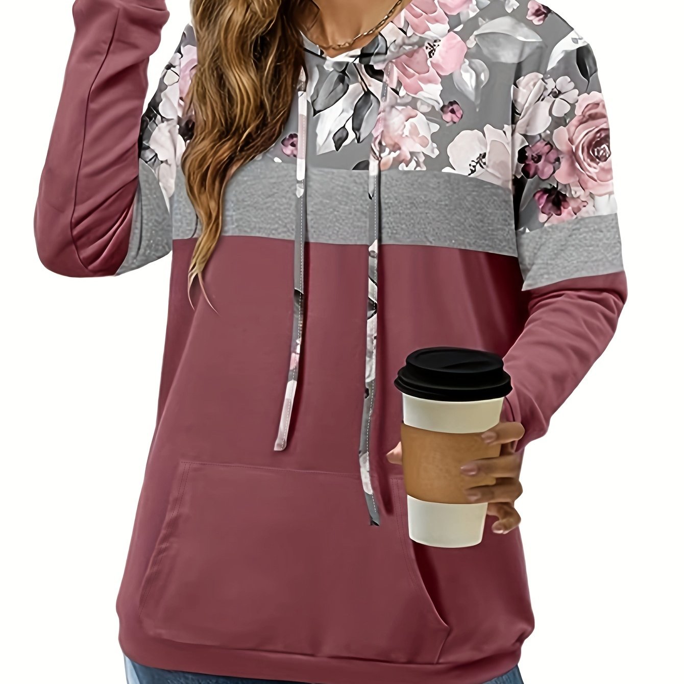 Plus size ayollar uchun rangblokli gul bosma kapşonli kiyim va cho‘ntaklar bilan