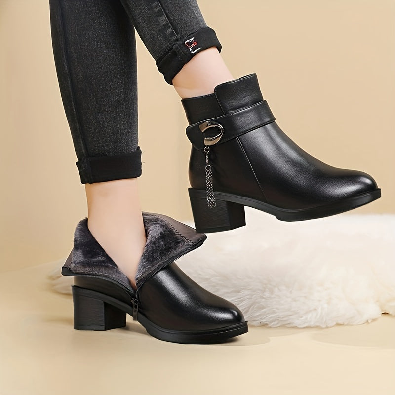 Women's Fleece-Lined Winter Boots Mid-Heel Warm Short Booties Wide Fit