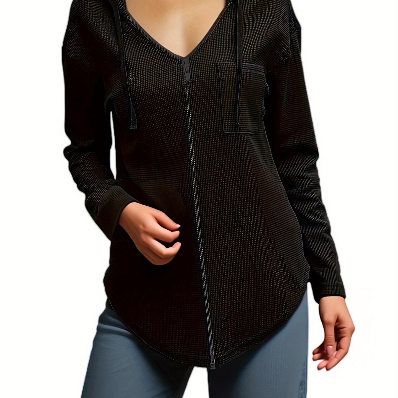 Women's Plus Size V-Neck Hoodie with Zipper Pocket Spring Fall Knit Solid