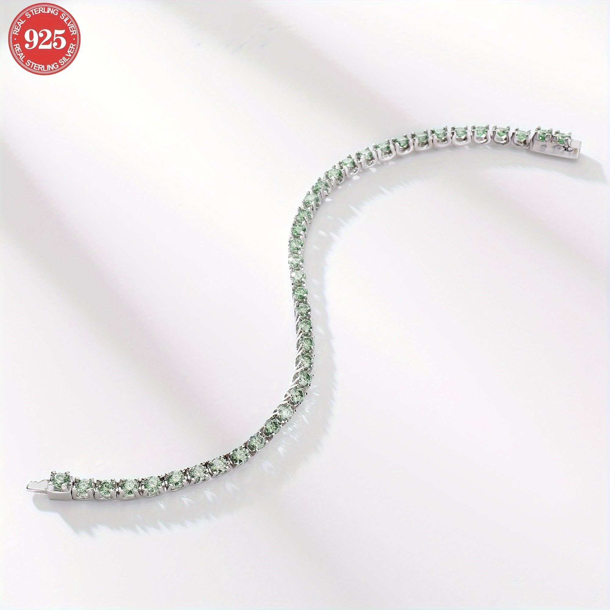 Sterling Silver Tennis Bracelet with Green Moissanite Stones and Gold Plating for Women