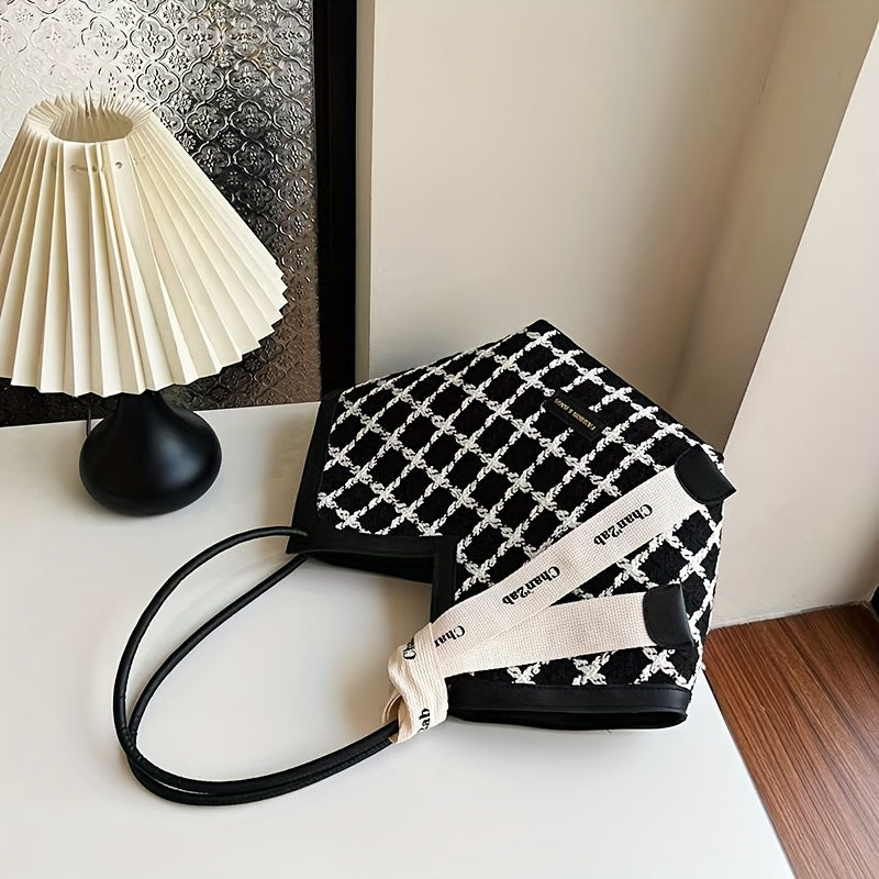 Black Plaid Tote Bag for Women with Zipper Closure and Matching Strap