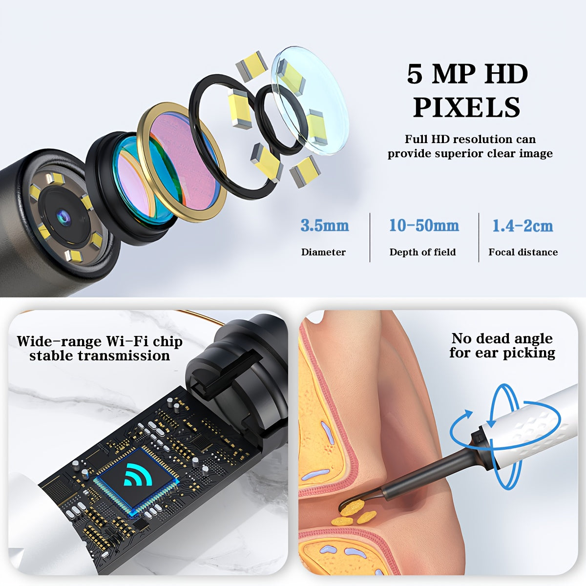 Katta yoshdagilar uchun kamera, yorug'lik va 4 ta uchi bo'lgan quloq mumini olib tashlash vositasi.