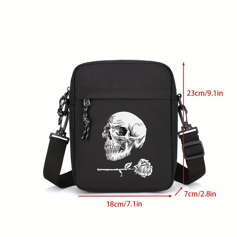 Black Oxford Cloth Shoulder Bag for Men and Women with Skull and Rose Print Large Capacity Adjustable Strap
