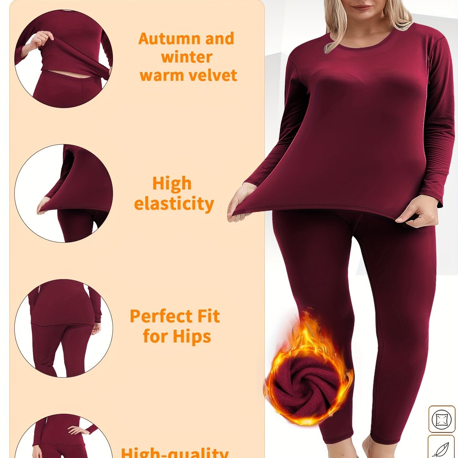 Plus o'lchamli termal ichki kiyim to'plami, mo'yna bilan qoplangan, dumaloq bo'yin, asosiy to'liq rang