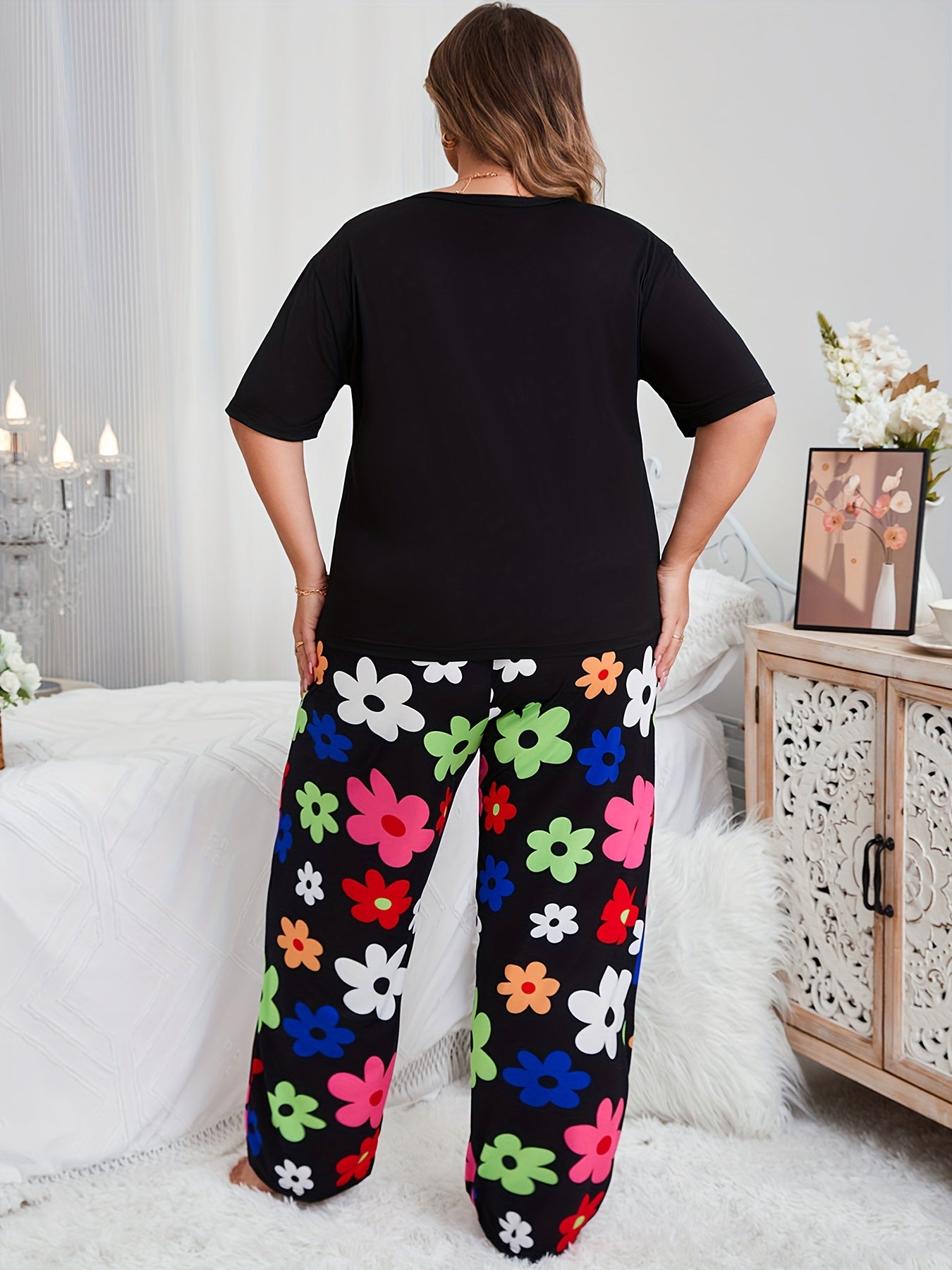 Женский комплект пижамы больших размеров с цветочным принтом, топы с коротким рукавом и брюки для отдыха