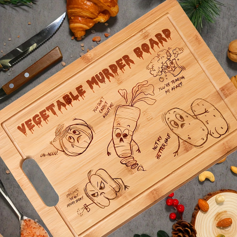 Engraved Bamboo Cutting Board with Vegetable Murder Design Non-Stick Kitchen Decor