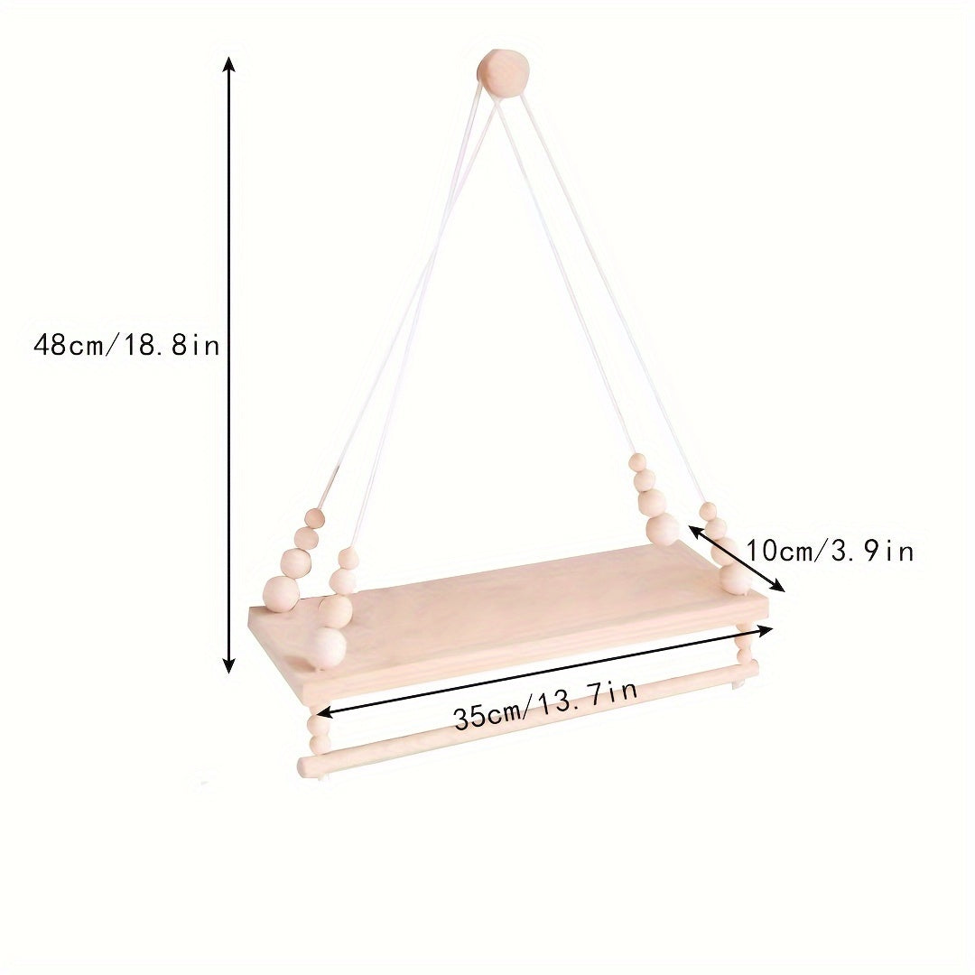 Bohemian Wooden Wall Shelf with Towel Bar for Nursery and Living Room Decor