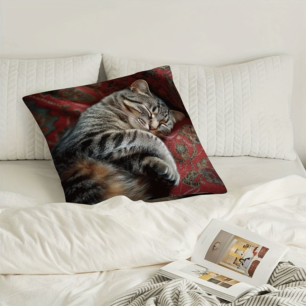 Grey Tabby Cat Pattern Polyester Pillow Cover 45.72cm Zipper Machine Washable Decorative Cushion