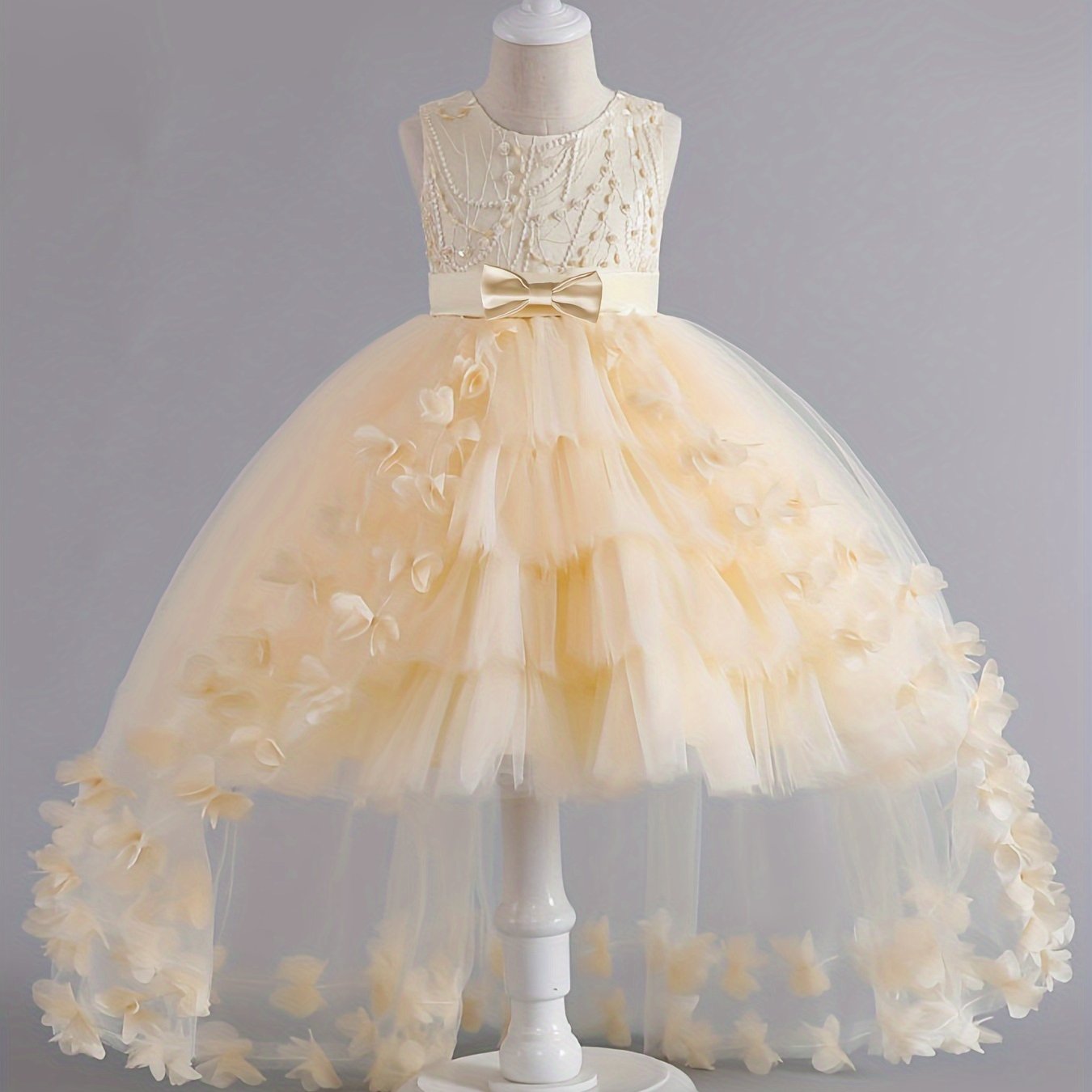Girls Sleeveless Princess Dress with Lace Floral Embellishments and Flowing Tail for Pageants Weddings and Parties