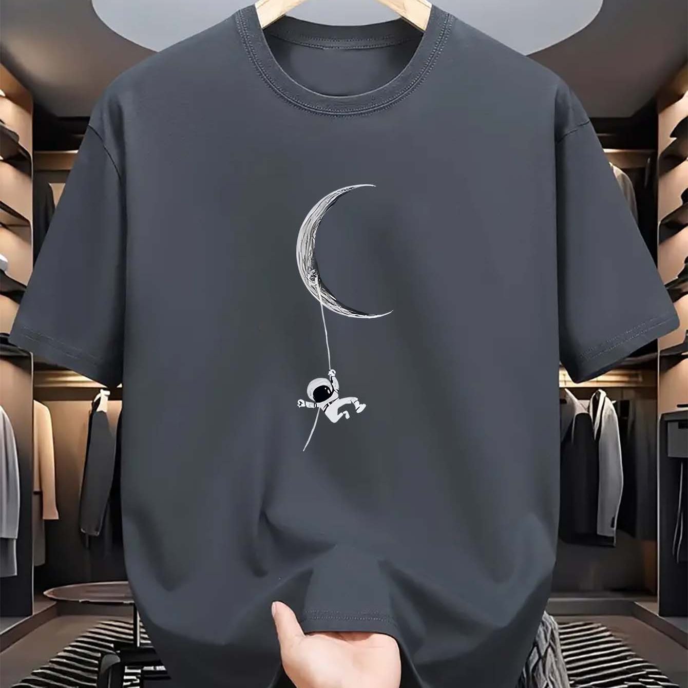 Men's Polyester Crew Neck T-Shirt with Astronaut and Moon Graphic for Summer Casual Fit