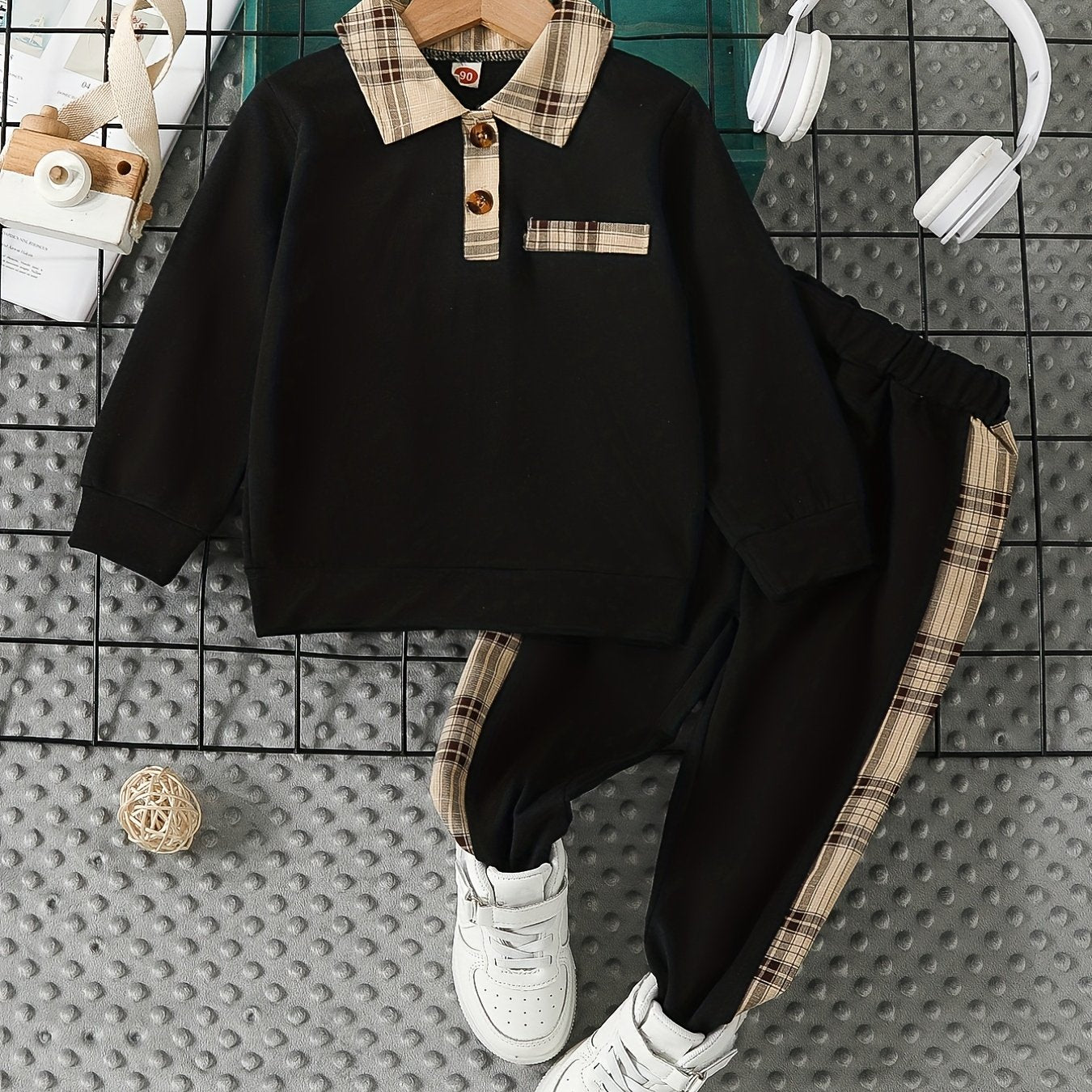 Boys Kids Polo Set Long Sleeve Plaid Collar Sweater and Color-Blocked Plaid Pants Fall Winter
