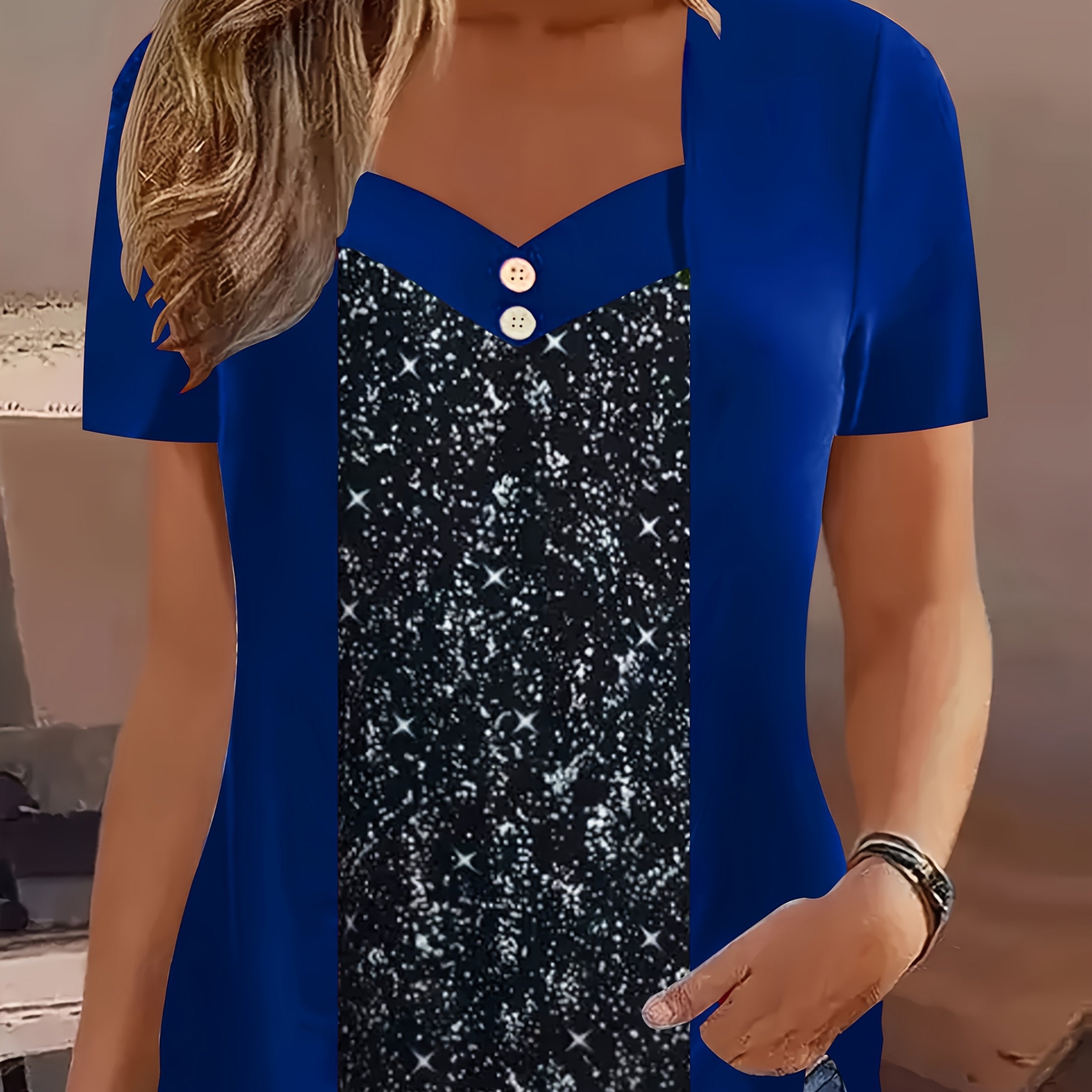 Women Plus Size V-Neck Short Sleeve T-Shirt with Galaxy Print Red Black