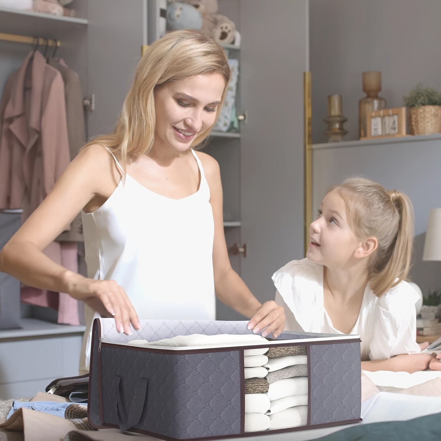 Set of 6 Fabric Under-Bed Storage Bags Waterproof Flip Top Reinforced Handle for Clothing Linens