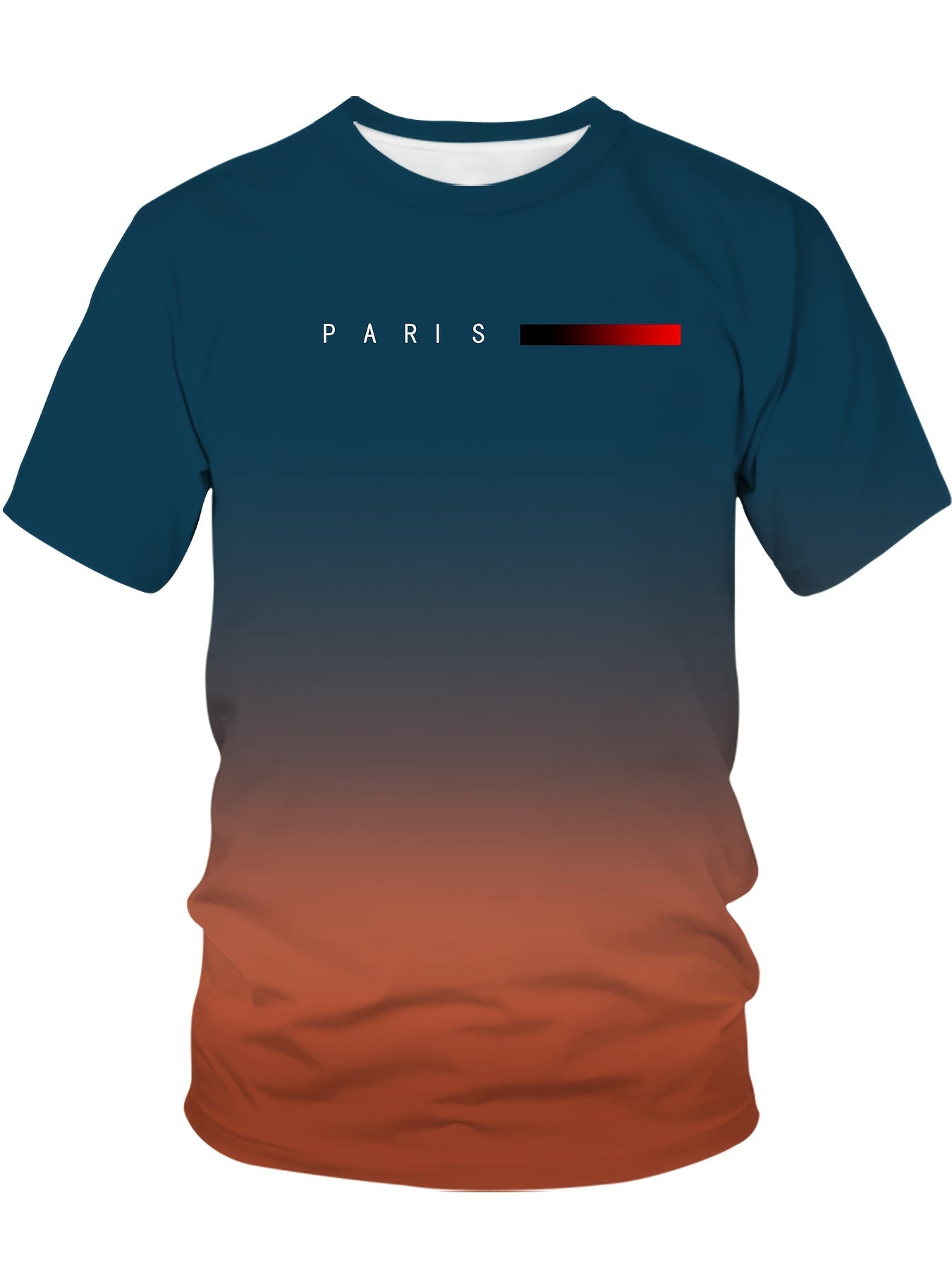 Katta o'lchamdagi gradient Paris printli futbolka, polyesterdan tayyorlangan, yumshoq bo'yinli, tasodifiy va sport uslubida, biroz cho'ziladigan oddiy kesim, yozgi ochiq havoda kiyish uchun ideal.