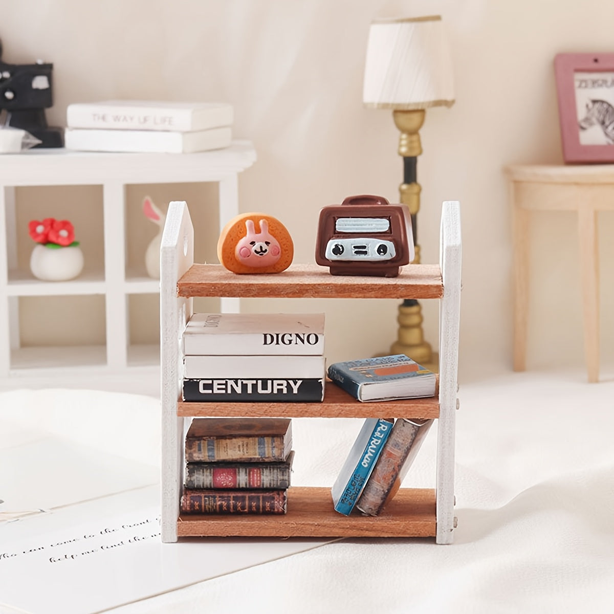 Estante de madera blanco en miniatura para casas de muñecas, escala 1:12, almacenamiento y decoración