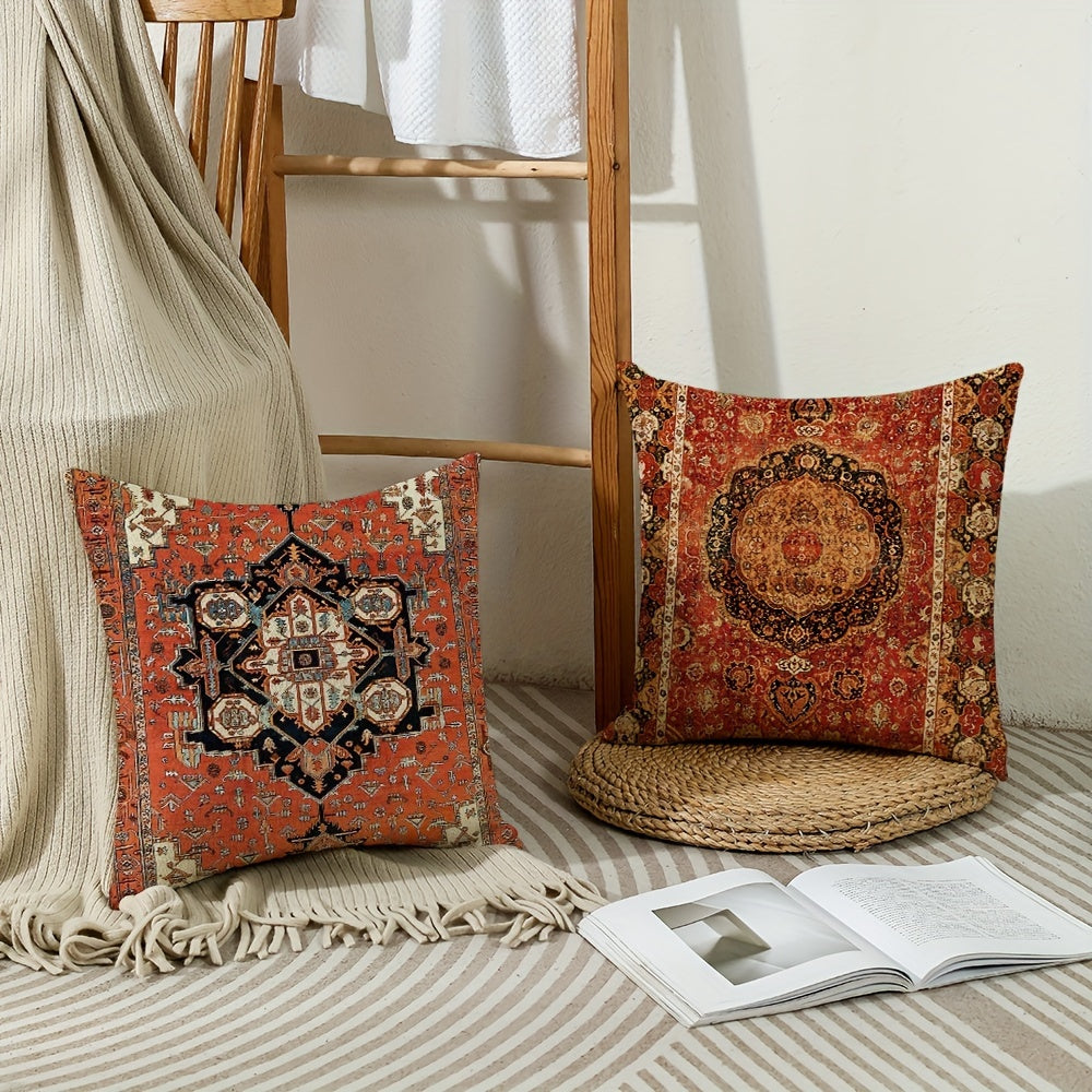 4 Чехла для подушек в стиле бохо, 45.72x45.72 см, оранжево-красный этнический дизайн, квадратные льняные чехлы для уличных диванов и кроватей (без наполнителя)