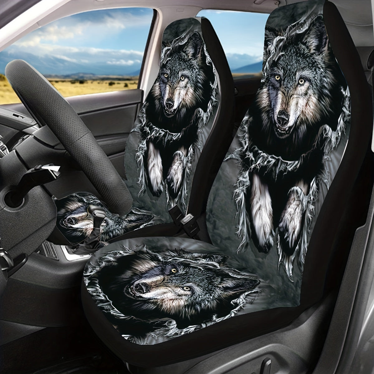 Universal Denim Seat Cover With Wolf Print for Car Interior