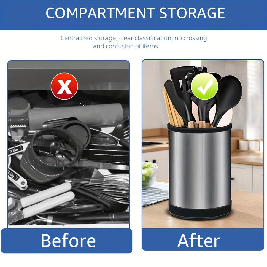 Stainless Steel Kitchen Utensil Holder Brushed Metal 360° Rotating with Drainage