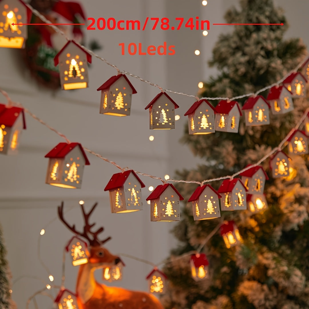 Wooden Reindeer House Fairy Tale String Lights 2M 10-LED Red Christmas Garland Battery Operated
