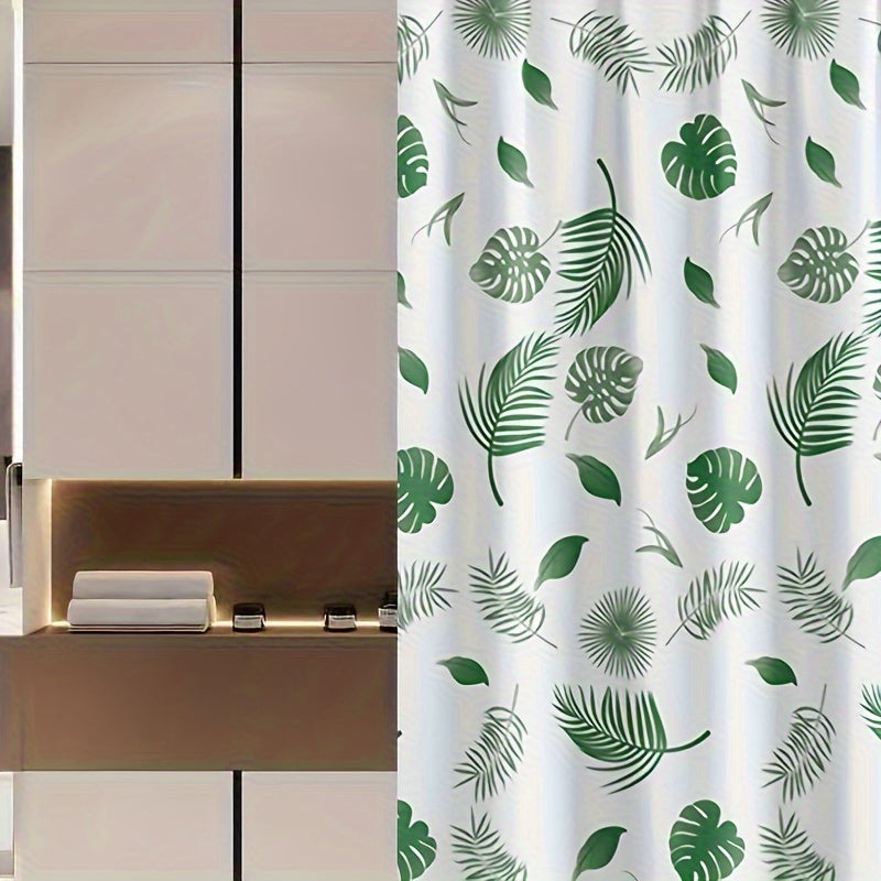 Water-Resistant Polyester Tropical Leaf Bath Liner with Hooks for Bathroom Decor