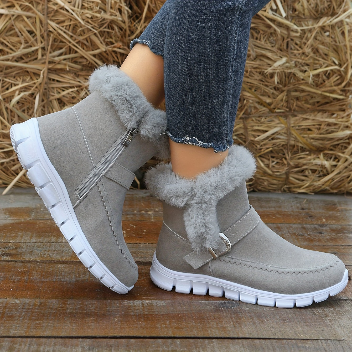 Women's Faux Fur-Lined Winter Snow Boots Thick Sole Gray Fabric