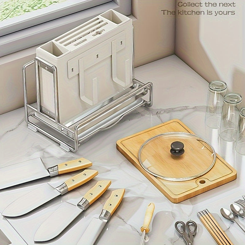 Stainless Steel Kitchen Knife Block with Drain Tray and Utensil Organizer