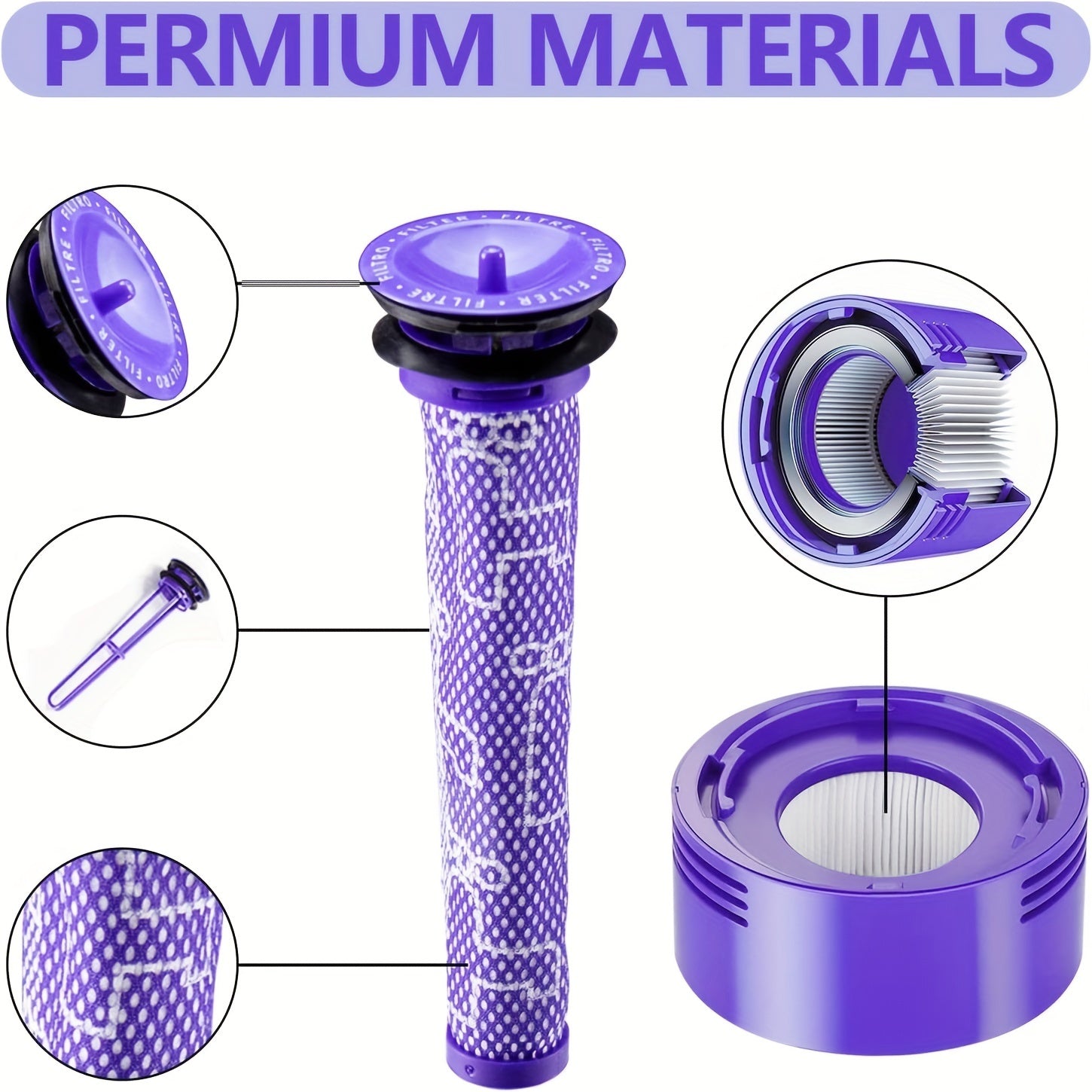 Dyson V7 V8 simsiz tayoqli changyutgichingizdagi filtrlarni ushbu 2 ta post va 2 ta old filtr almashtirish to'plami bilan almashtiring. Animal, Absolute va Motorhead modellari bilan mos keladi. 965661-01 va 967478-01 qismlar raqamlariga teng.