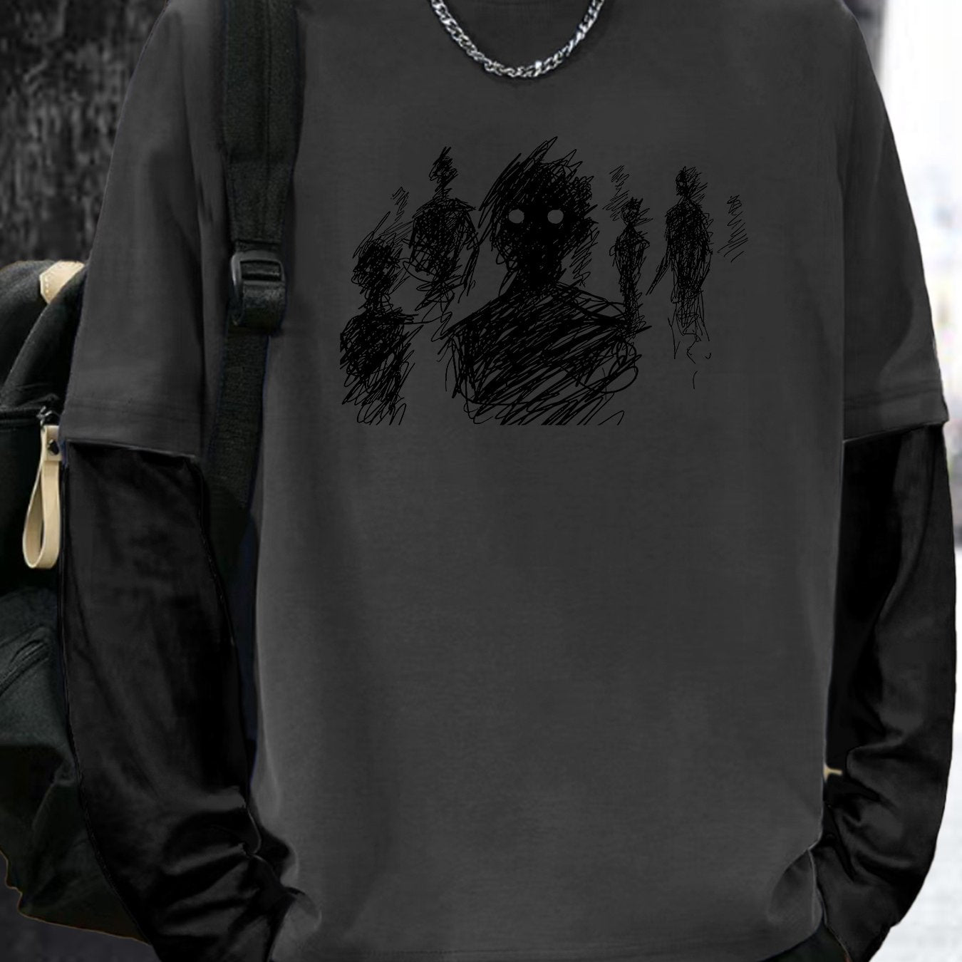 Erkaklar uchun keng kesimli qora uzun qo'lqopli futbolka, noyob chiziq san'ati bosma, dumaloq bo'yin, mashinada yuvish mumkin. Tasodifiy kiyimlar va qulay tashqi kiyim uchun mukammal. Stretchy materialda zamonaviy tasodifiy uslub.