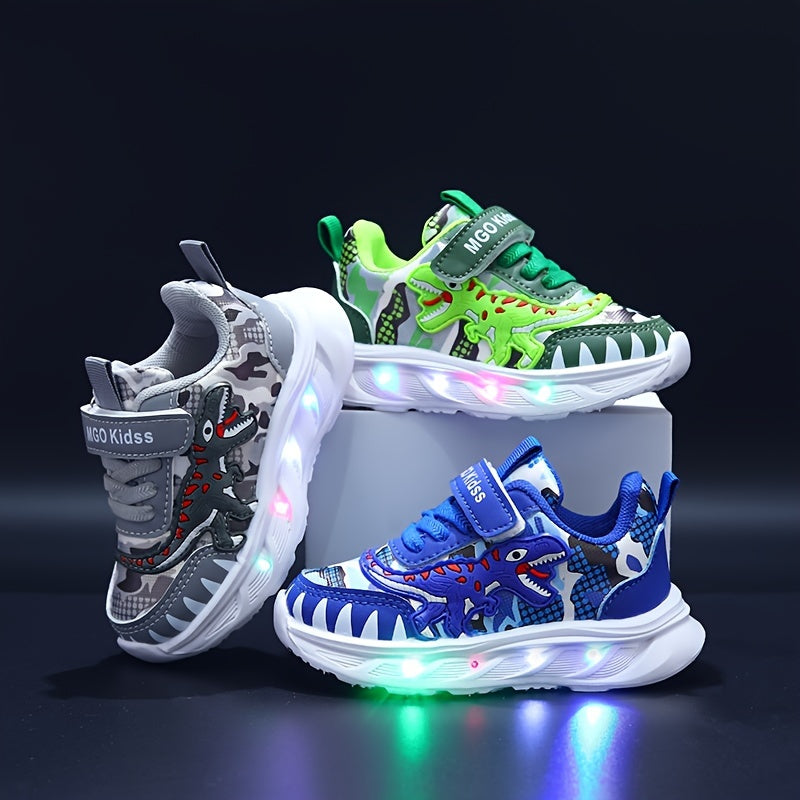 Boys' Dinosaur LED Light Sneakers for Ages 1-6 Spring Autumn Casual T-Rex Shoes