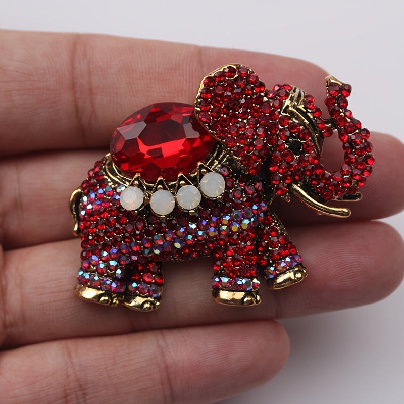 Elephant Brooch with Red Rhinestones Irregular Shape Vintage Style Jewelry for Clothing Decoration