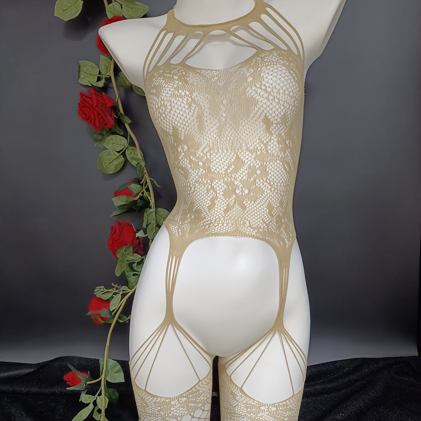 Body de lencería para mujer de jacquard con abertura en la entrepierna, medias de red y vestido con liga