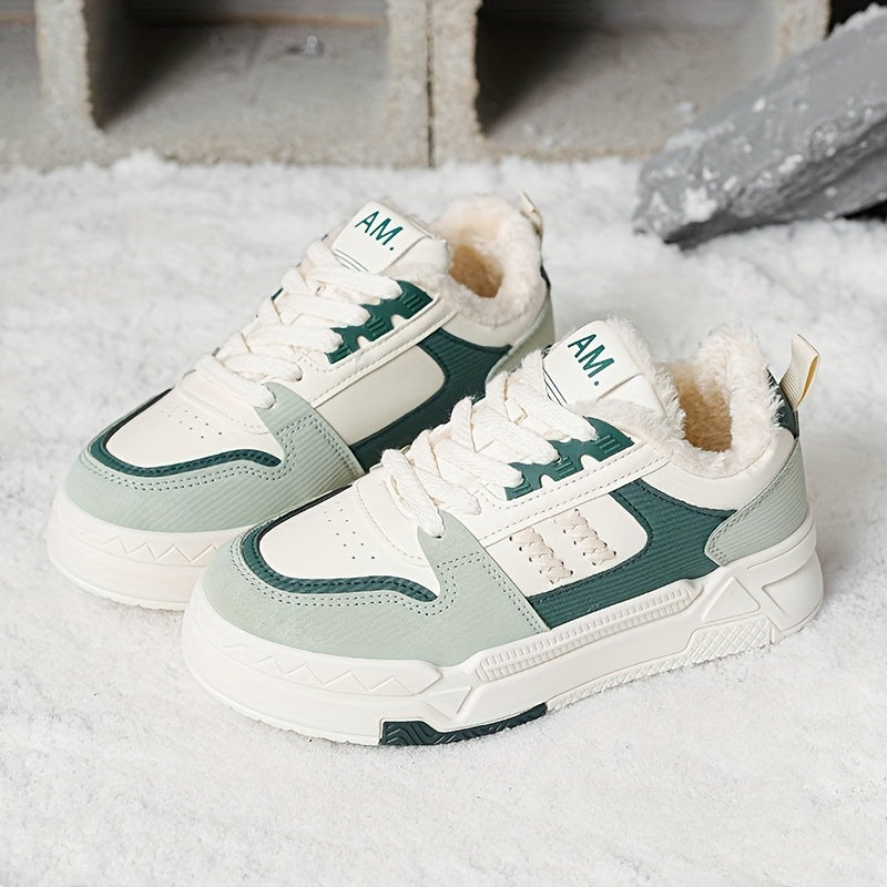 Женские кроссовки с цветными блоками, пушистые, на шнуровке, платформа, теплые зимние скейт-туфли