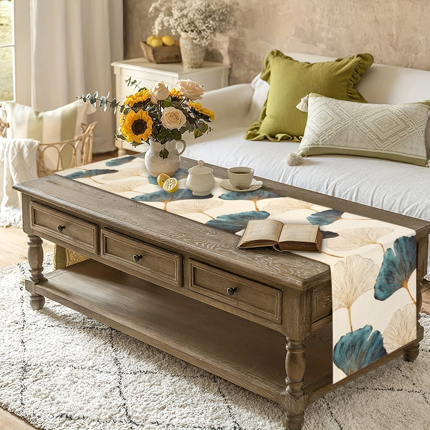 Blue Green Golden Ginkgo Leaf Pattern Table Runner for Rustic Farmhouse Decor