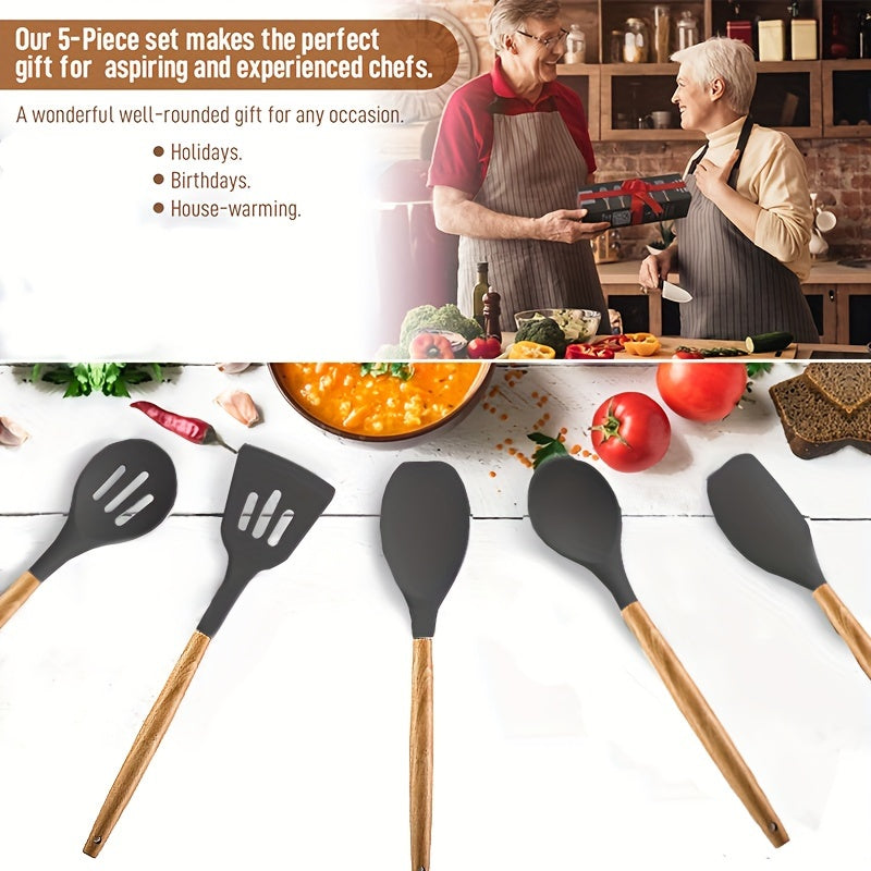 Set of 5 Non-Stick Kitchen Utensils with Wooden Handles for Frying and Cooking