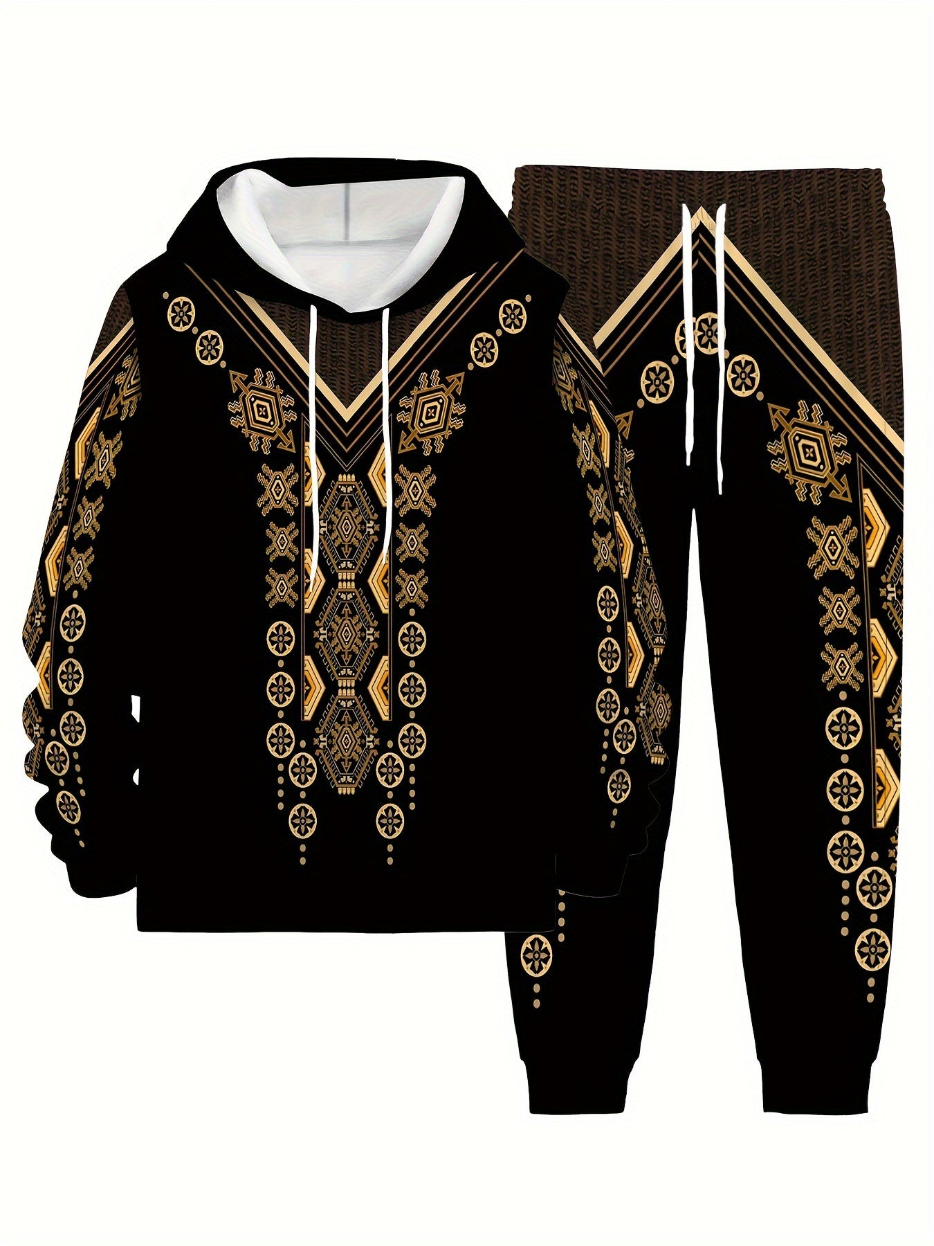 Men's Plus Size Sports Set Hoodie and Pants with Geometric Print Polyester Knit