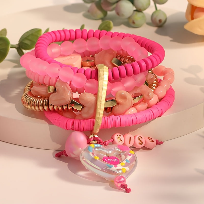 Pink Resin Bead Heart KISS Pendant Bracelet for Women Valentine's Day Jewelry