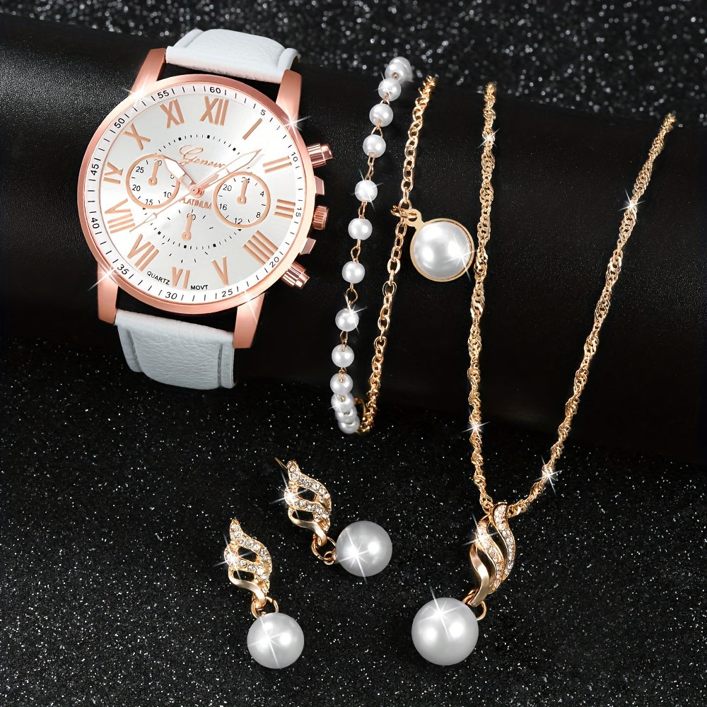 Set of 5 White Quartz Watches with PU Leather Straps and Rhinestone Jewelry for Women