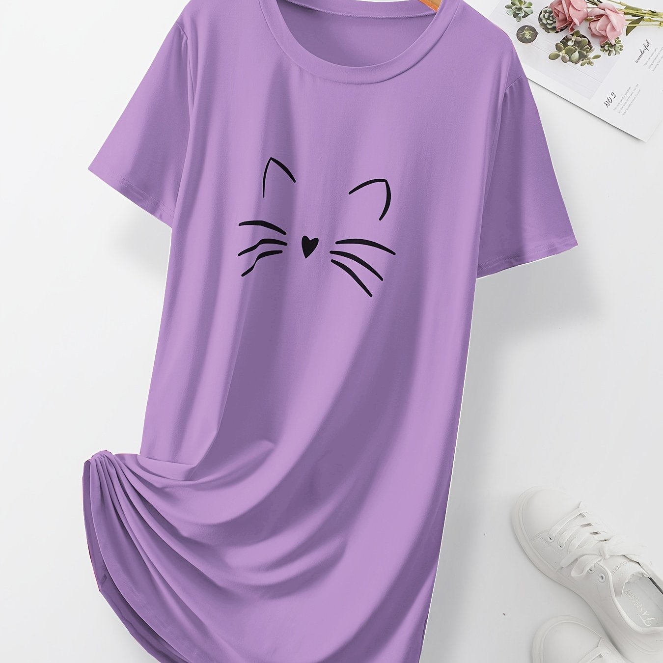 Women's Pink Cat Print Sleep Dress Short Sleeve Nightgown Lounge Wear