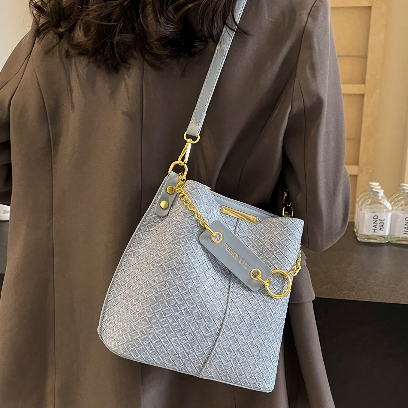 Women's Blue Plaid PU Crossbody Bag with Adjustable Shoulder Strap for Work and Casual Use