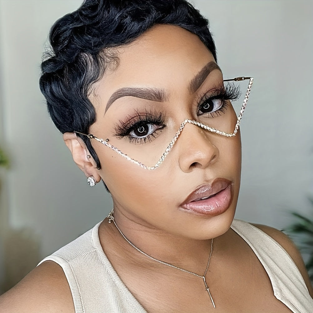 Triangle-Shaped Rhinestone-Embellished Metal Glasses Frame for Fashion Street Style