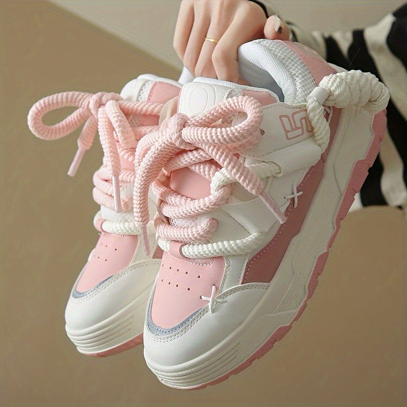Pink Women's Chunky Lace-Up Sneakers Low Top All-Season Fabric Rubber Sole