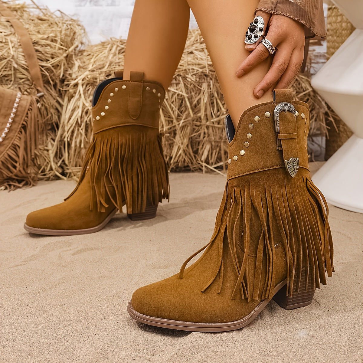 Women's Western Cowboy Boots with Rivets Fringe Fabric Upper All-Season