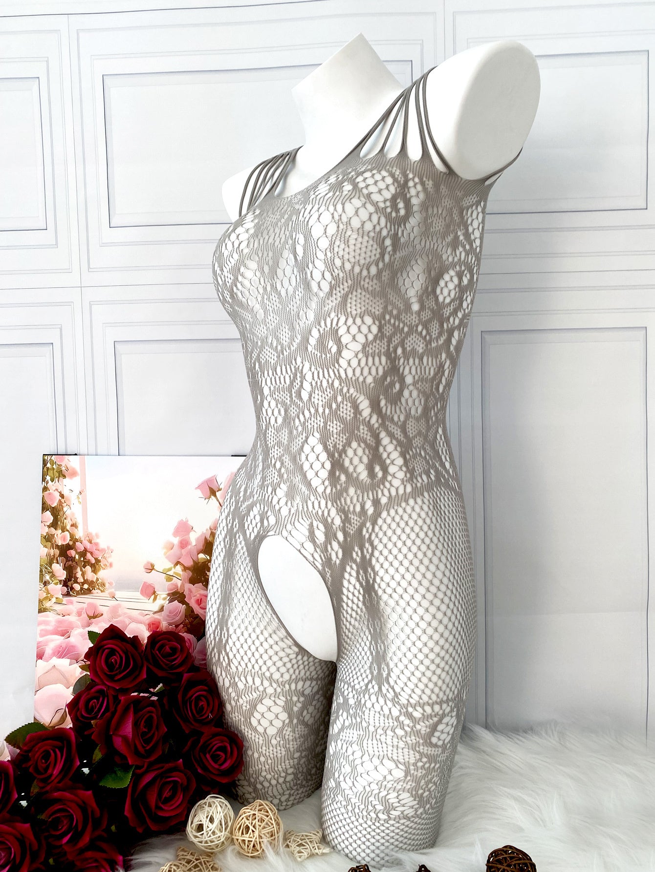 Women's Fishnet and Jacquard Bodystocking for Valentine's Day or Wedding Night