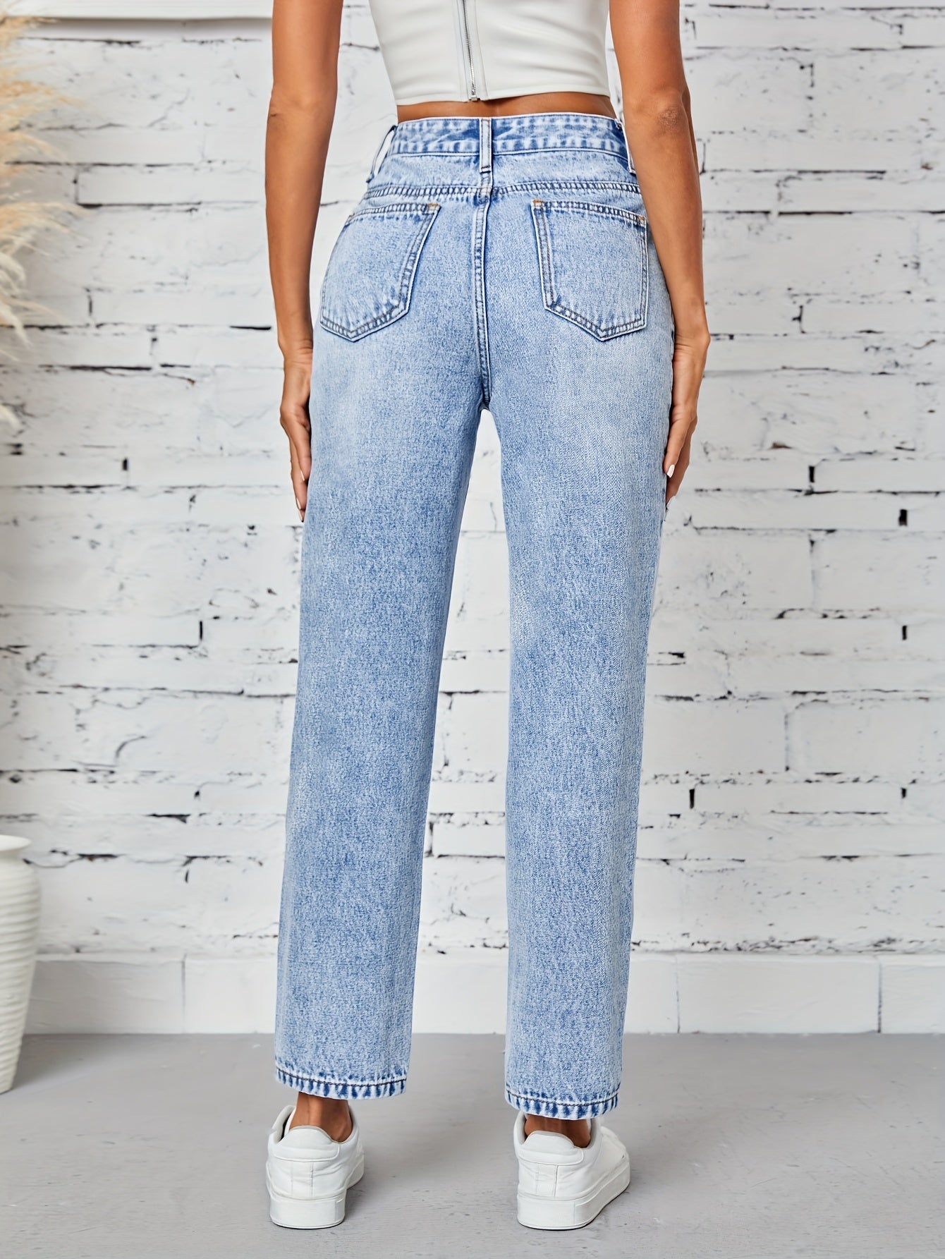 Women's Ripped High-Waisted Denim Jeans Grey Black Stretch Straight Leg Casual