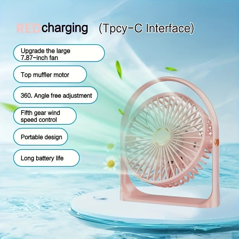 Black Portable Mini Desk Fan 5-Speed USB Rechargeable Quiet Tabletop Fan