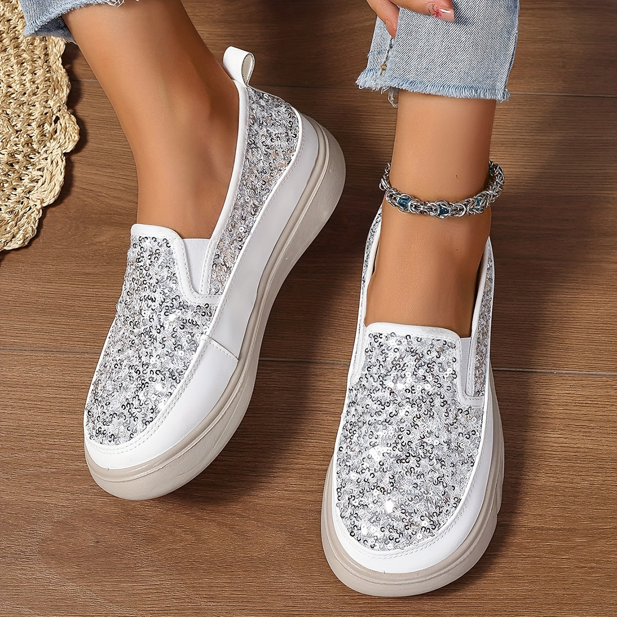 Women's Sequin Embellished Loafers Black White Casual Breathable Shoes