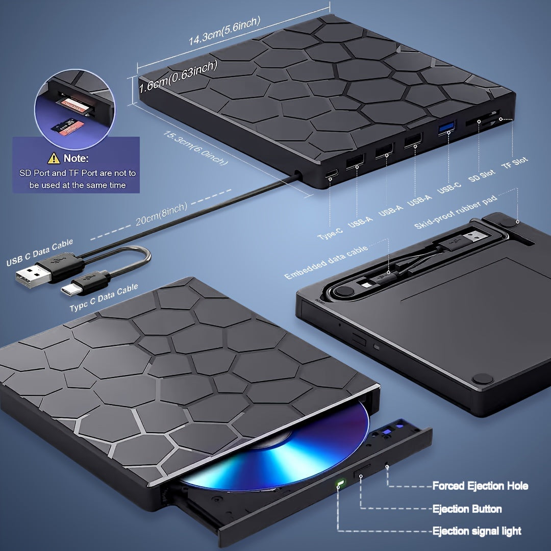 Ultra Slim 8-in-1 USB 3.0 External CD DVD Drive for Laptops Desktops Mac Windows Linux